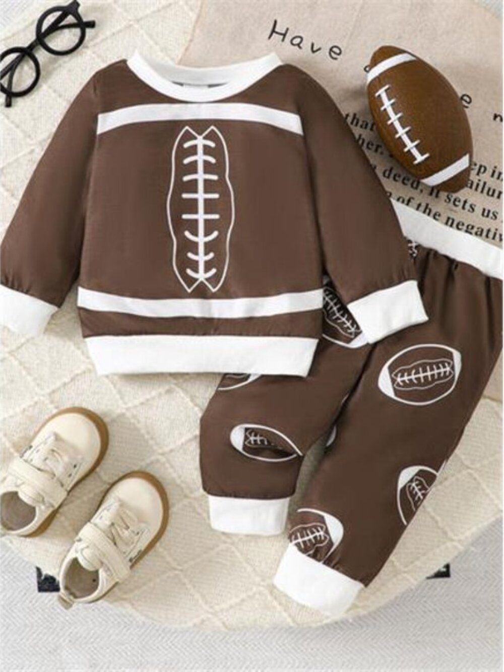 Children's Football Print Round Neck Top & Pants Set